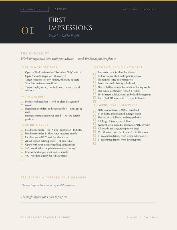 Elevated Search Playbook, Step 01 checklist page